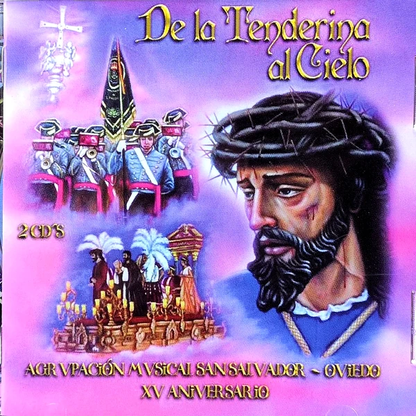 Portada de «De la Tenderina al Cielo»: el rostro de Nuestro Padre Jesús con la corona de espinas, la agrupación con su banderín y un paso con candelería.